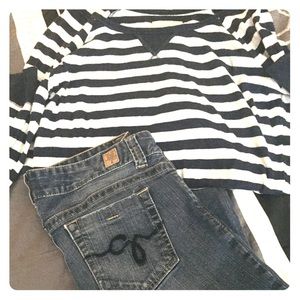 Navy blue & white striped long sleeved top.